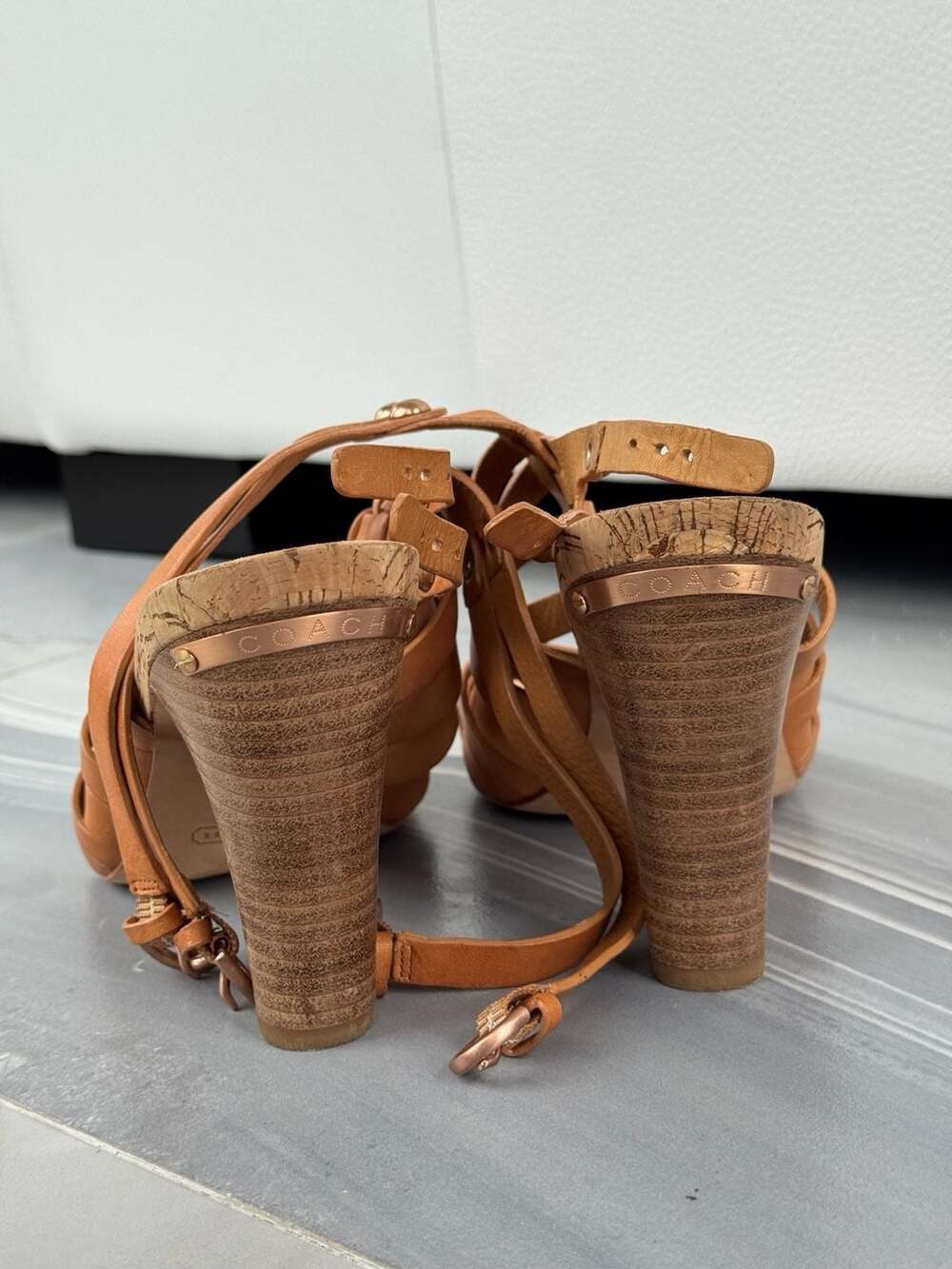 Coach Tan Woven Leather Strappy Cork Platform Sandals Size 8.5 - Picture 4 of 8